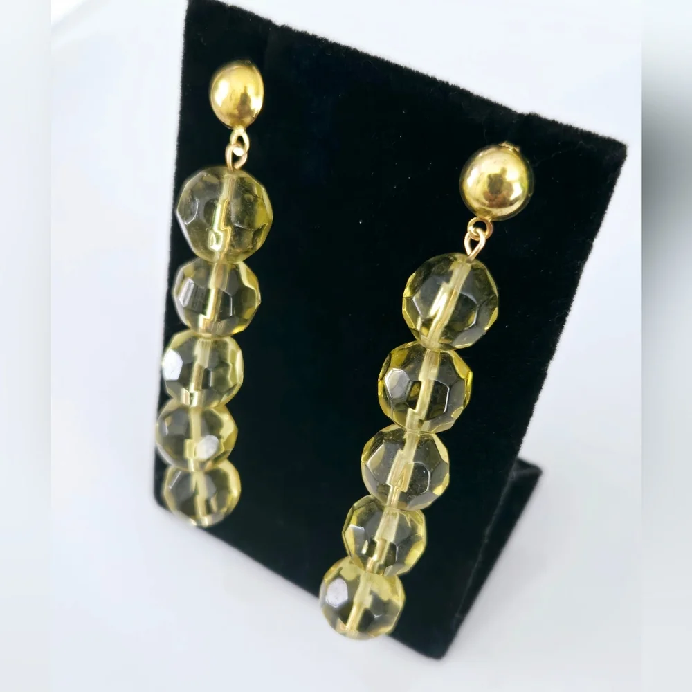 Gold Citrine Beaded Dangle Earrings Lemon Yellow